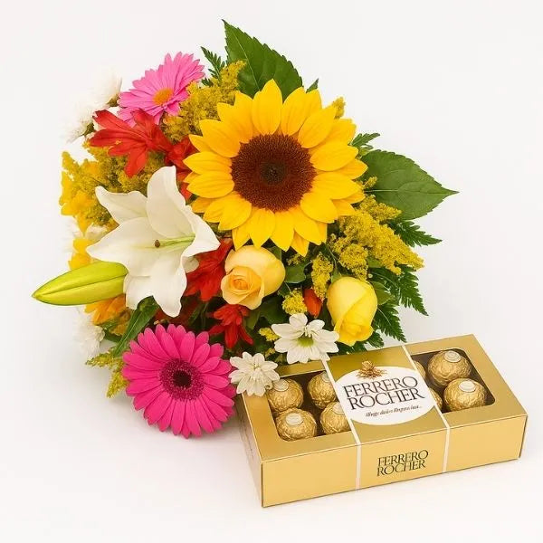 Buquê De Flores Coloridas Com Girassol E Caixa Ferrero Rocher